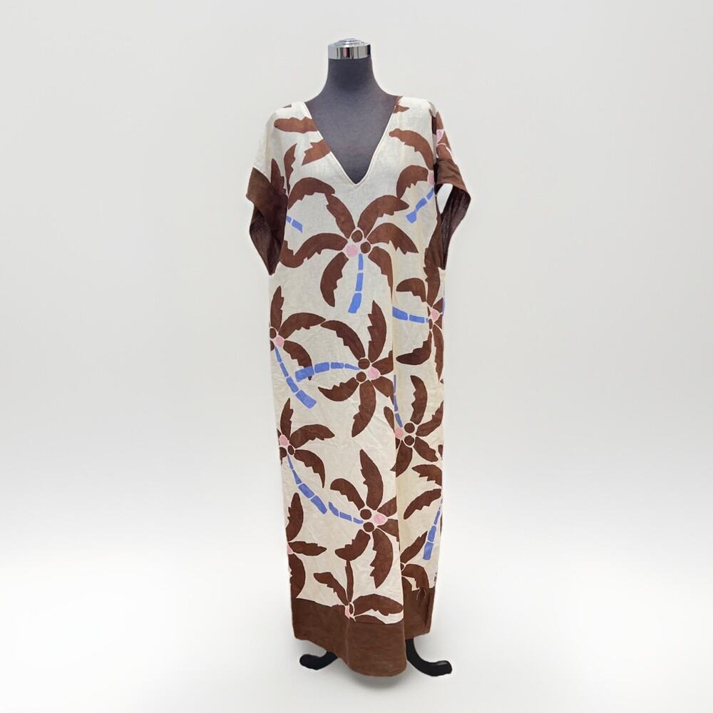 NWT ZARA Linen Blend Dress Women S Brown Biege Palm Tree Loose Fit Kaftan